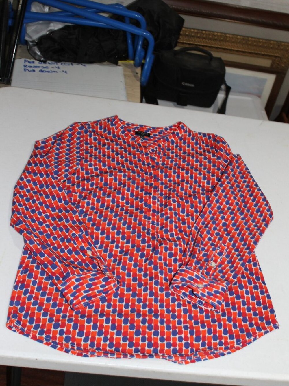 Talbots Petites SP Small Petite Blouse Red Blue Geometric Split Neck Long Sleeve